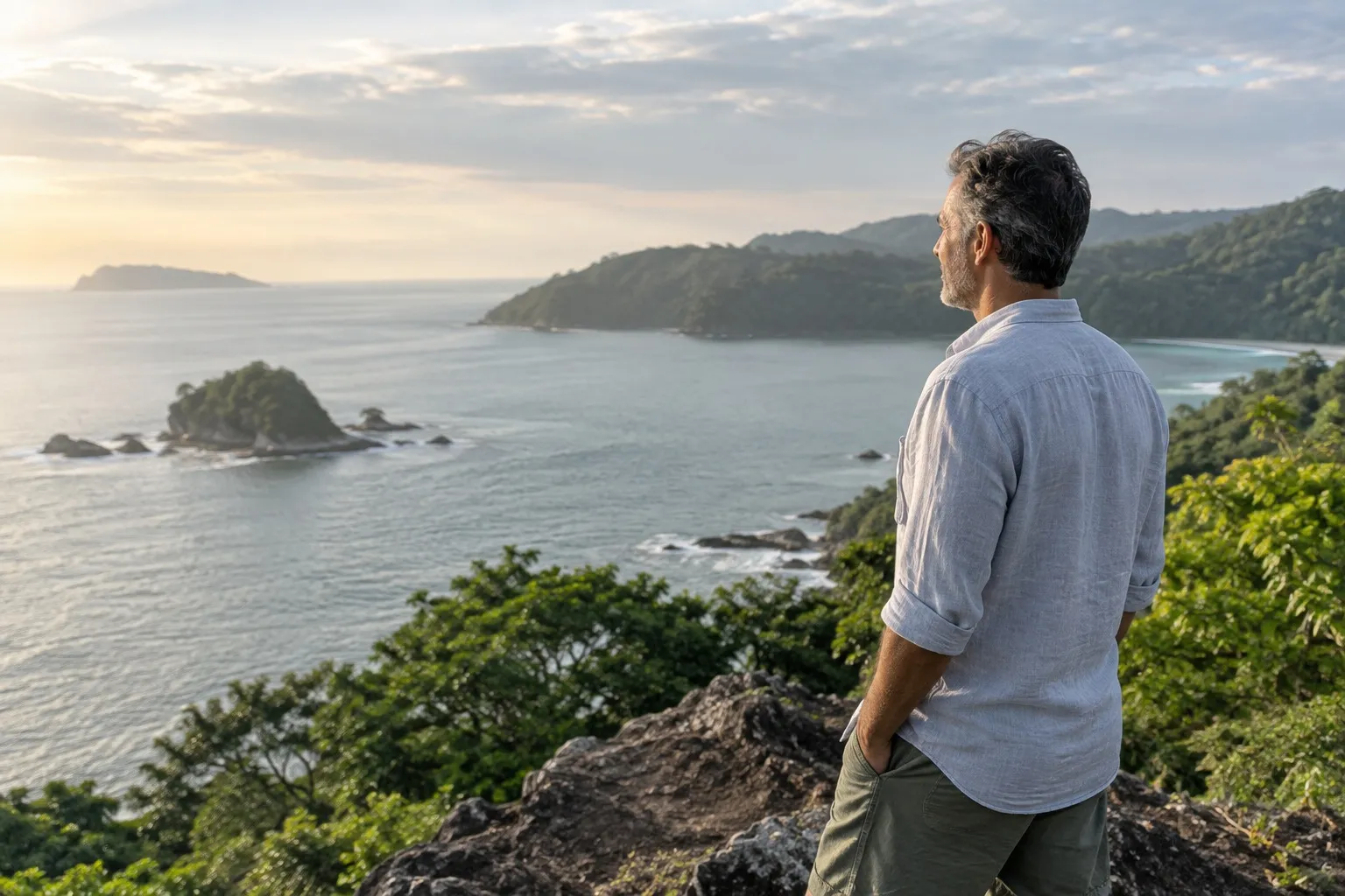 A man looking toward the coastal horizon